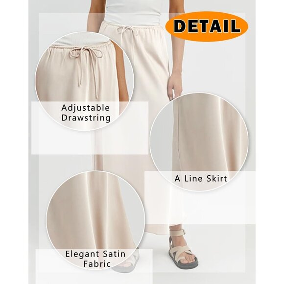 Women's Beige Drawstring Satin High Waist Silk A Line Flowy Long Maxi Skirt - Picture 5 of 6